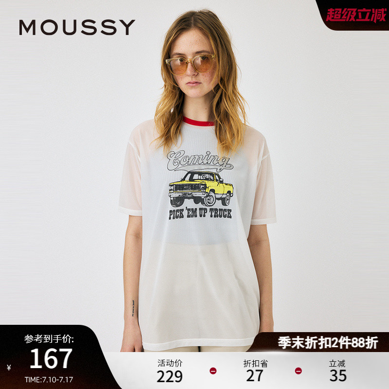 moussy复古街头风印花微透T恤