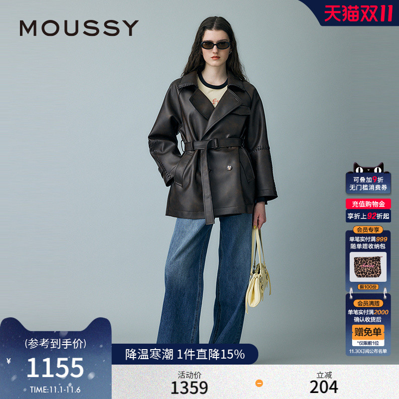 MOUSSY 2025春季新品复古港风翻领中长款皮质外套女010ISH30-0571