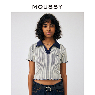 MOUSSY 5320 甜美可爱小刺绣花边针织套头宽松短袖 T恤女010GAL90