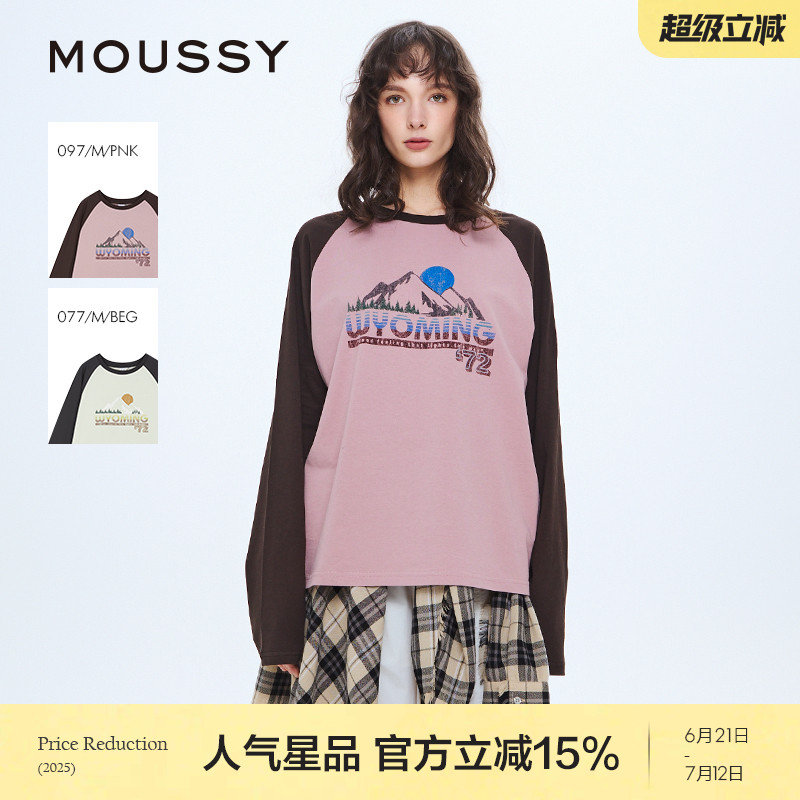 MOUSSY 2025夏季新品字母印花圆领插肩袖棉质T恤女028ISA90-2671