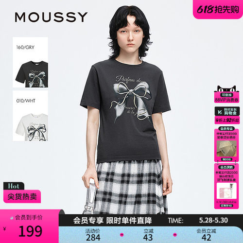 MOUSSY早春休闲风大蝴蝶结印花圆领短袖T恤028IAA90-0731