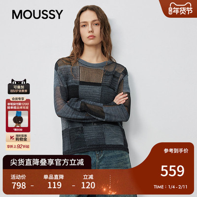 MOUSSY2025秋季新品复古休闲风撞色拼接毛针织衫女028IAC70-1037