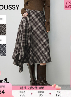 MOUSSY 春春新品复古格纹不规则裙摆长款半身裙028IAA31-1027