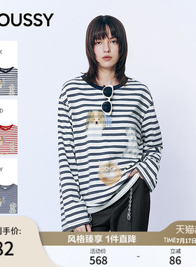 MOUSSY2026春季新品慵懒休闲风条纹小狗印花长袖T恤028JSA90-1015