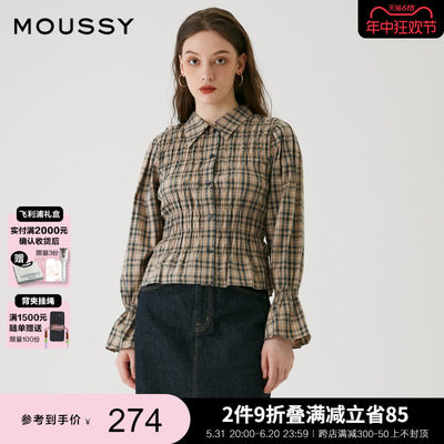 MOUSSY格纹泡泡袖收腰褶皱衬衫