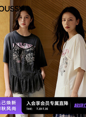 MOUSSY2026夏季新品复古休闲假两件蕾丝拼接印花T恤028JSZ90-1063