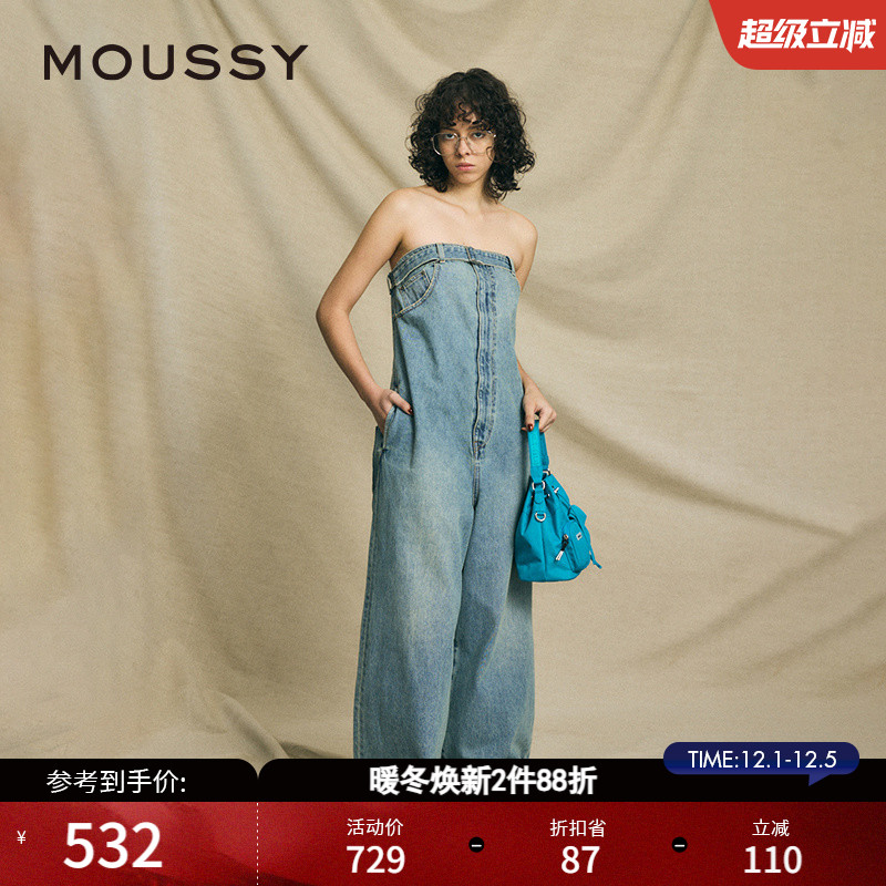MOUSSY欧美风扎染裹胸牛仔连体裤