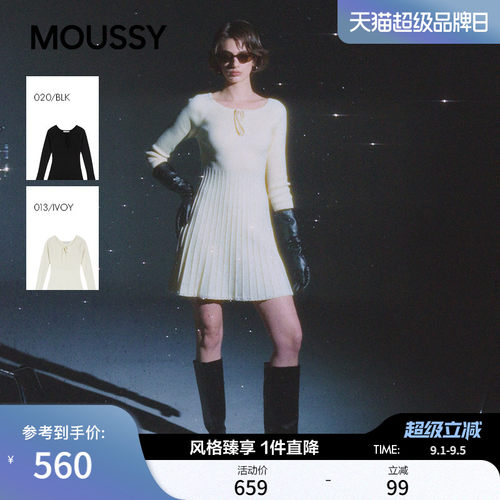 MOUSSY 2026春季新品优雅文艺风系带收腰百褶连衣裙010IA373-6371