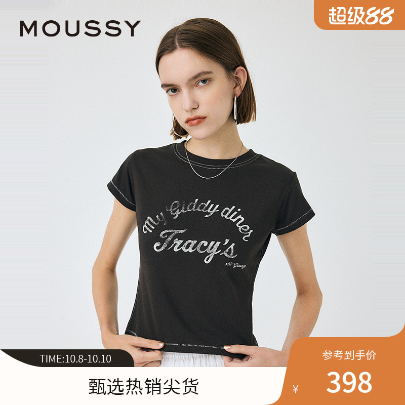 MOUSSY2025早秋新品休闲字母正肩修身圆领短袖T恤女010IS290-9411