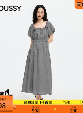 MOUSSY2026夏季新品法式优雅风方领泡泡袖A字连衣裙028JSA33-1028