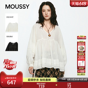 MOUSSY 2026夏季新品甜美风蕾丝拼接褶皱宽松衬衫女028JSA30-1055