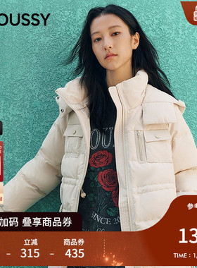 MOUSSY2025冬季新品口袋拼接连帽90羽绒服外套女028IAC30-1097