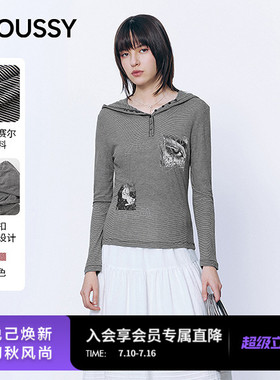 MOUSSY2026春季新品复古朋克风条纹印花连帽长袖T恤028JSA90-1014