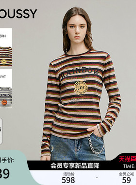 MOUSSY2026春季新品复古条纹撞色字母印花长袖T恤女028IAA90-1040
