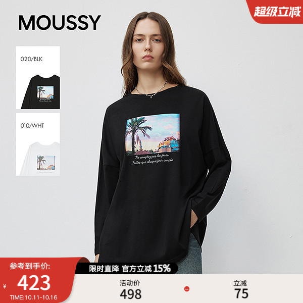 MOUSSY2025秋季新品美式风景印花圆领休闲长袖T恤女028ISB90-1012