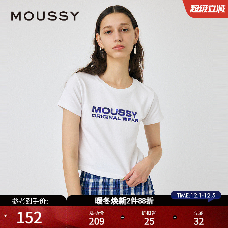moussy休闲风碎钻LOGO短袖T恤