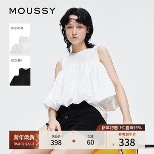 028IAA30 MOUSSY 纯色圆领衬衫 甜美褶皱蓬蓬无袖 1010 2025早秋新品