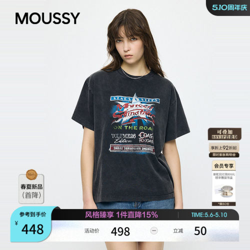 MOUSSY2026夏季新品美式复古风做旧印花短袖修身T恤010JS290-2491