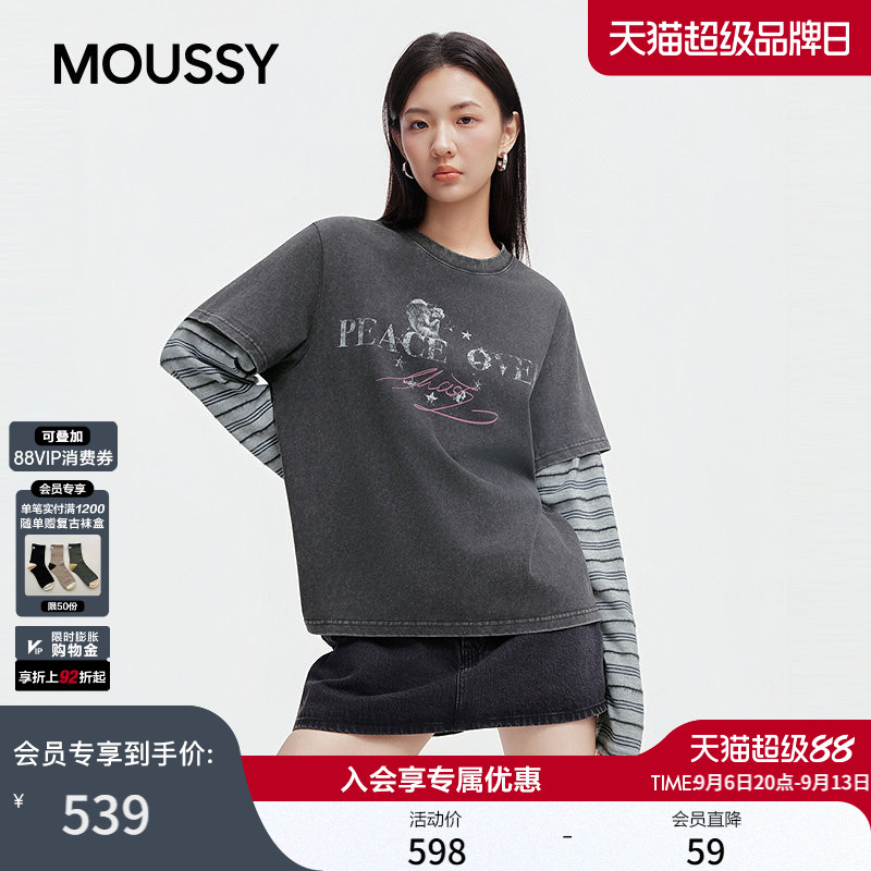 MOUSSY2026秋季新品复古水洗做旧假两件印花长袖T恤028JAA90-1134图片