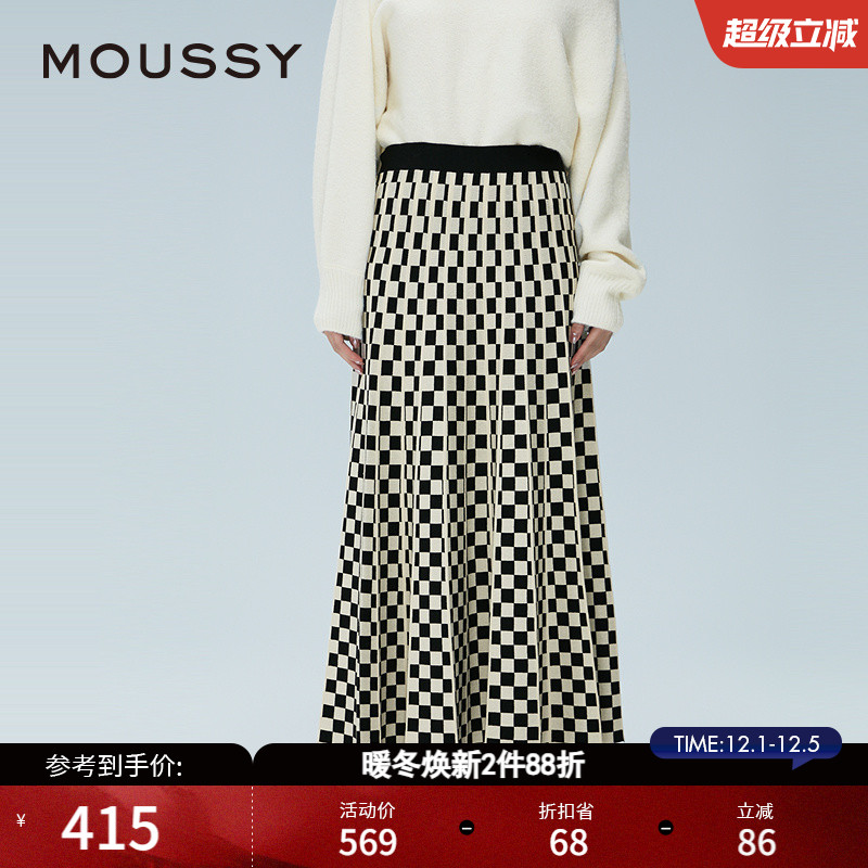 MOUSSY 冬季新品复古港风提花格纹针织裙半身裙028HAA70-2881