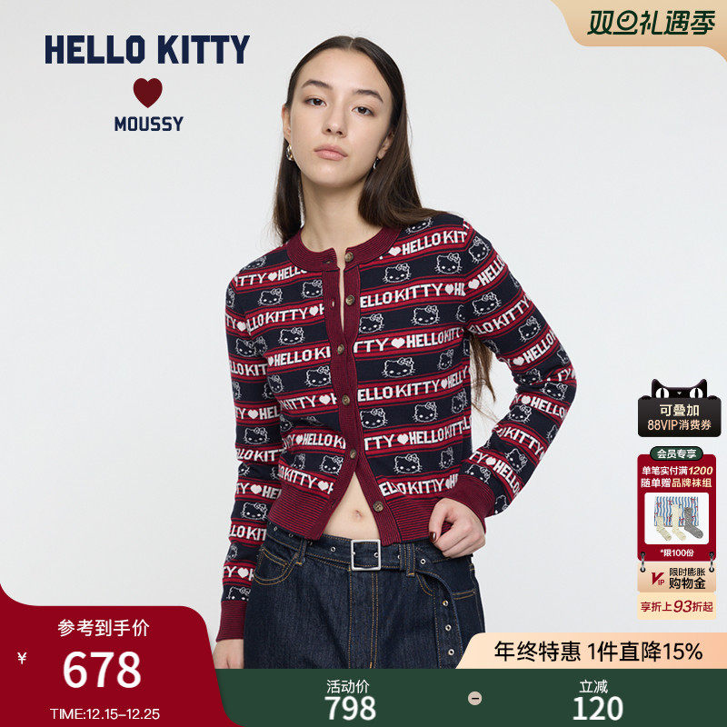 MOUSSY X HELLO KITTY 25秋季新品满印圆领针织开衫010IAF01-8091