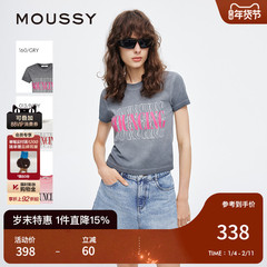 MOUSSY 2025夏季新品美式辣妹风做旧LOGO短袖T恤女028ISZ90-0871