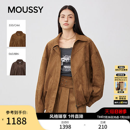 MOUSSY春季新品复古文艺风宽松翻领夹克外套女028IAA30-1032