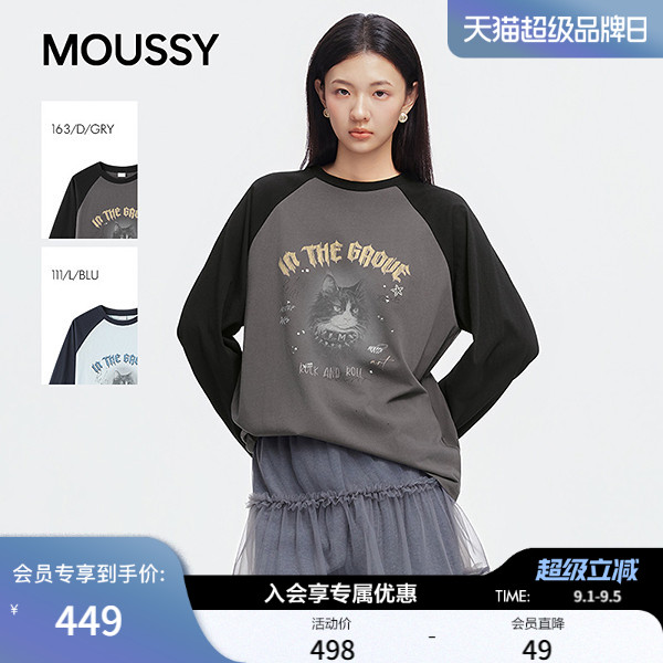 MOUSSY2026早秋新品美式复古摇滚猫咪插肩长袖T恤女028JAZ90-1024图片