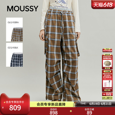 MOUSSY 2026春季新品复古工装风大口袋格纹阔腿长裤028IAA31-1035