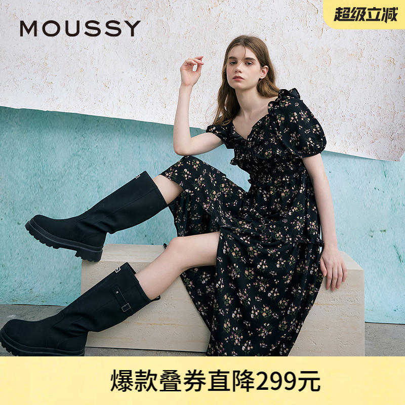MOUSSY 2025夏季新品法式少女方領泡泡袖碎花連衣裙028ISA33-3301