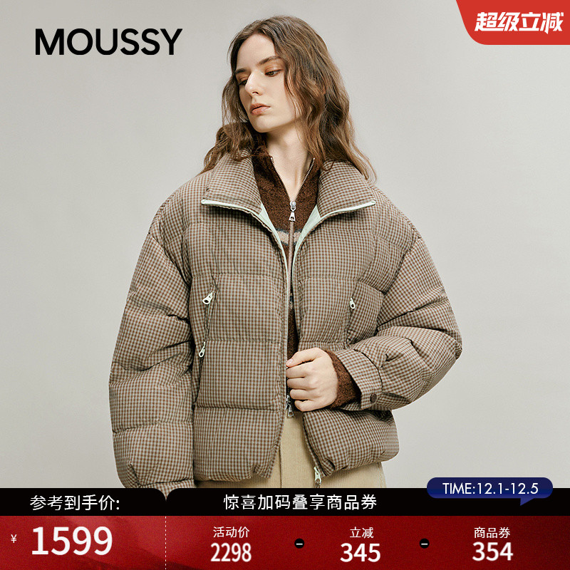 MOUSSY 2025冬季新品复古格纹翻领小廓形短款羽绒服028IAC30-1125