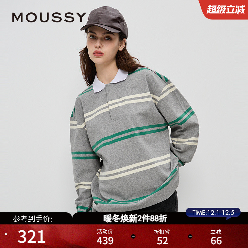 条纹休闲风长袖MOUSSYPOLO领