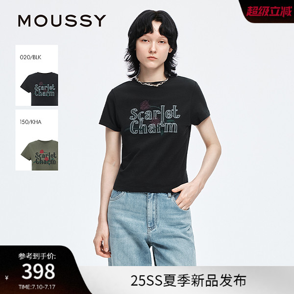 MOUSSY2025夏季新品休闲风字母玫瑰印花圆领短袖T恤028IAA90-0671