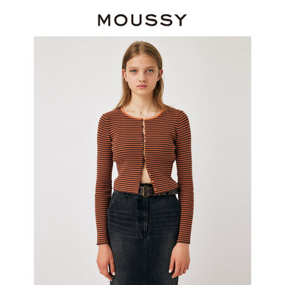 moussy优雅淑女风条纹针织开衫