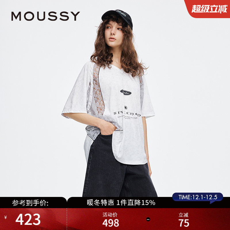 MOUSSY 2025夏季新品蕾丝拼接V领宽松篮球服印花T恤028ISA90-2921
