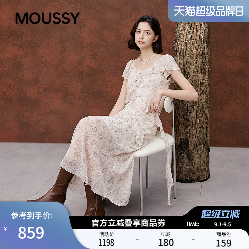MOUSSY 2026夏季新品法式复古风腰果花荷叶边连衣裙028JSB33-1022图片