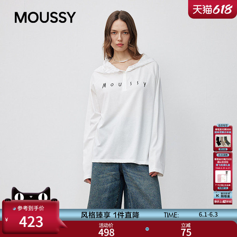 moussy春季新品休闲风蕾丝拼接长袖针织衫女028JSX90-1049