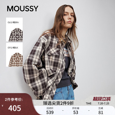 MOUSSY 甜酷风抽褶系带收口复古格子长袖衬衫女028ISA30-1004