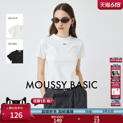 MOUSSY 夏季新品小高领简约两色短款短袖T恤女010IS480-6731