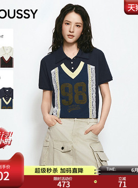 MOUSSY 2026夏季新品美式蕾丝拼接印花polo短袖T恤028JSZ90-1056