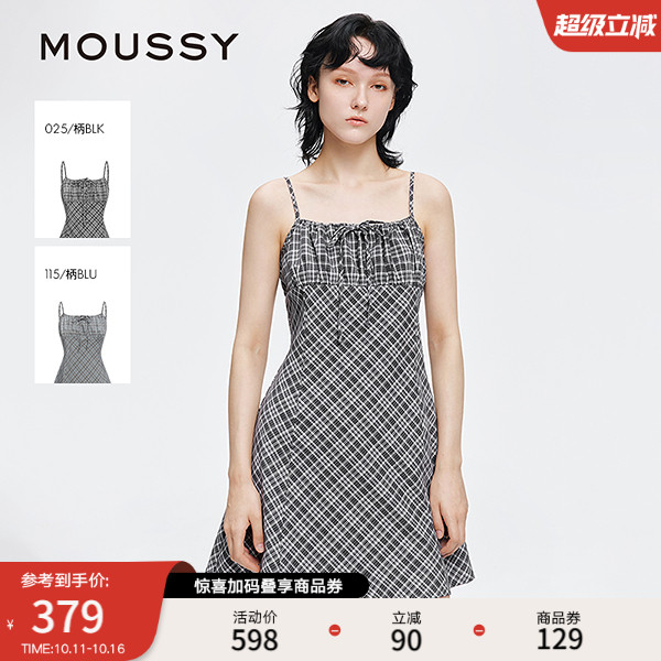 MOUSSY 2025早秋新品复古格子蝴蝶结修身吊带连衣裙028IAA33-1005
