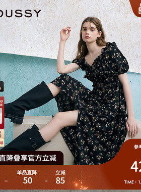 MOUSSY 春季新品法式少女方领泡泡袖碎花连衣裙028ISA33-3301