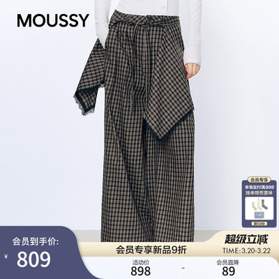 MOUSSY 2026春季新品复古格纹不规则蕾丝拼接阔腿裤028JSA31-1018