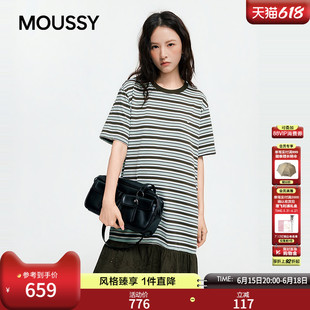 MOUSSY 2026夏季新品文艺慵懒风条纹撞色拼接连衣裙028JSC83-1004