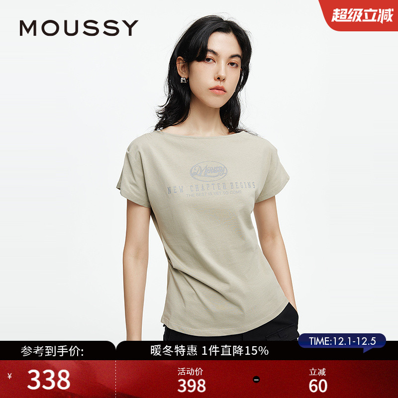 MOUSSY 2025夏季新品创意LOGO印花大圆领短袖T恤女028ISA90-3911