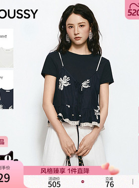 MOUSSY 2026夏季新品文艺风假两件蕾丝碎花短袖T恤028JSC80-1027