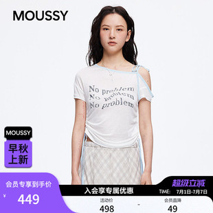 MOUSSY2026夏季新品纯欲甜辣风斜肩撞色系带印花T恤028JSA90-1069
