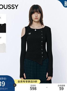 MOUSSY2026春季新品辣妹风露肩不规则修身长袖T恤女028IAA80-1016