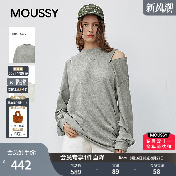 MOUSSY 秋季新品潮酷拉链镂空宽松圆领长袖T恤028IAA80-1001图片