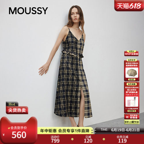 MOUSSY春季新品复古优雅风格子蕾丝拼接连衣裙028IAA33-1009